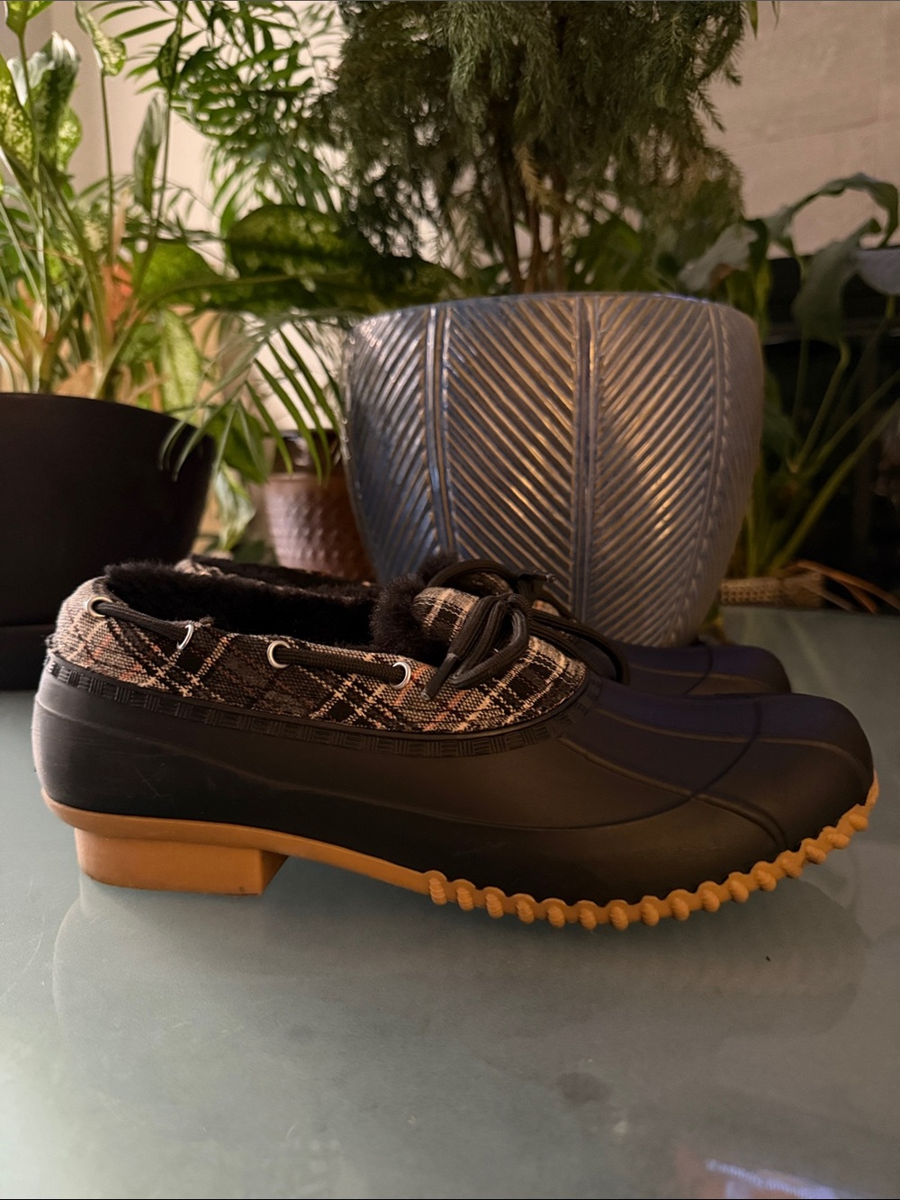 St. John’s Bay Plaid Trim Black Duck Shoes with Gum Sole